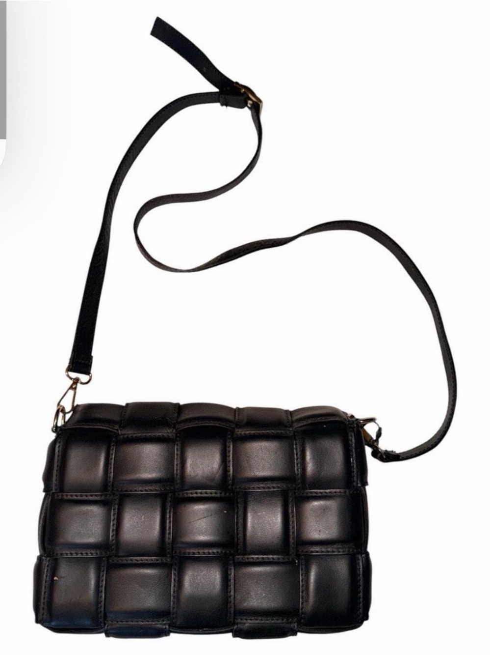 Black Quilted Woven Crossbody Shoulder Bag - genuine leather